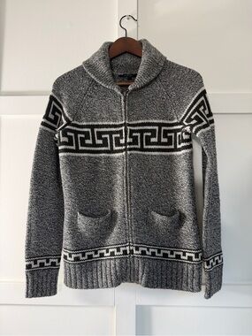 Wool-blend Grey Zip-Up Sweater with Geometric Trim - Size S
